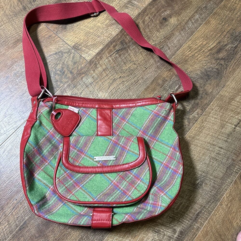 Ness Margot Winter Bright Plaid Wool Blend Shoulder Bag Red Grey Tartan Repair